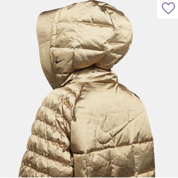Nike Sportswear Women's Swoosh Puffer Shine PrimaLoft Jacket Large Gold Metallic - Picture 2 of 11